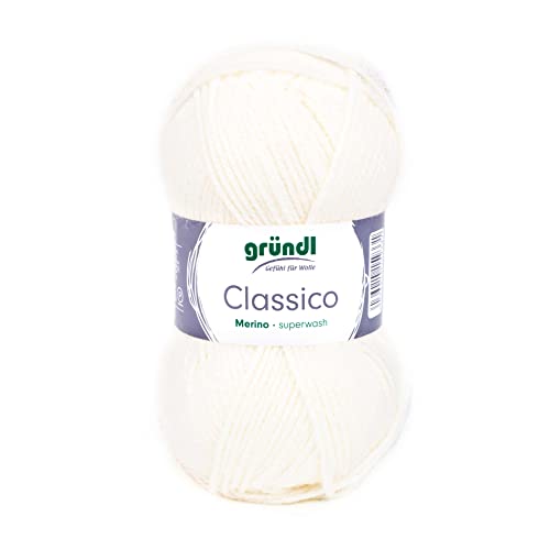 Gründl Classico Wolle (OEKO-TEX® zertifiziertes Strickgarn aus 50% Schurwolle (Merino) & 50% Polyacryl, 50 g/120 m, Nadelstärke: 3,5-4,5, 1 Knäuel á 50 g), Weiß von Gründl