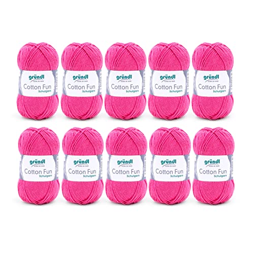 Gründl Wolle Cotton Fun - Wolle zum Häkeln - Strickgarn - Häkelgarn - Pflegeleicht und hautfreundlich - 100 % Baumwolle - 10 Knäuel 50 g / 115 m - Nadelstärke 3 - 4 - Fuchsia von Gründl