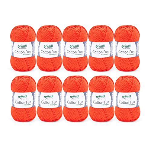 Gründl Wolle Cotton Fun - Wolle zum Häkeln - Strickgarn - Häkelgarn - Pflegeleicht und hautfreundlich - 100 % Baumwolle - 10 Knäuel 50 g / 115 m - Nadelstärke 3 - 4 - Orange von Gründl