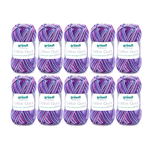 Gründl Wolle Cotton Quick print - dünne Wolle zum Häkeln mit Farbverlauf - Strickgarn - Glänzend und hautfreundlich - 100 % Baumwolle - 10 Knäuel 50 g / 125 m - Nadelstärke 3 - 4 - Aubergine von Gründl
