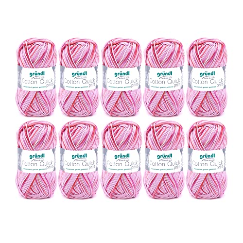 Gründl Wolle Cotton Quick print - dünne Wolle zum Häkeln mit Farbverlauf - Strickgarn - Glänzend und hautfreundlich - 100 % Baumwolle - 10 Knäuel 50 g / 125 m - Nadelstärke 3 - 4 - Rosa-Fuchsia von Gründl