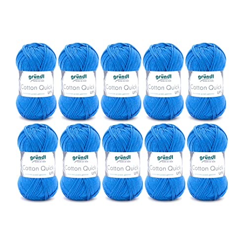 Gründl Cotton Quick Uni, Vorteilspack 10 Knäuel à 50 g (strapazierfähige Wolle, pflegeleichtes waschbares Garn aus 100 % Baumwolle, 50 g / 125 m, Nadelstärke: 3 - 4, 10 x 50 g), Mittelblau von Gründl