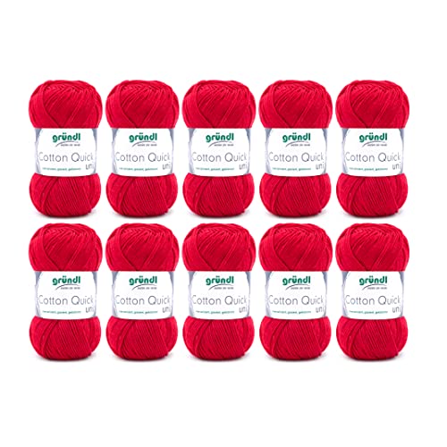 Gründl Cotton Quick Uni, Vorteilspack 10 Knäuel à 50 g (strapazierfähige und langlebige Wolle, pflegeleichtes waschbares Garn aus 100 % Baumwolle, 50 g / 125 m, Nadelstärke: 3 - 4, 10 x 50 g), Rot von Gründl