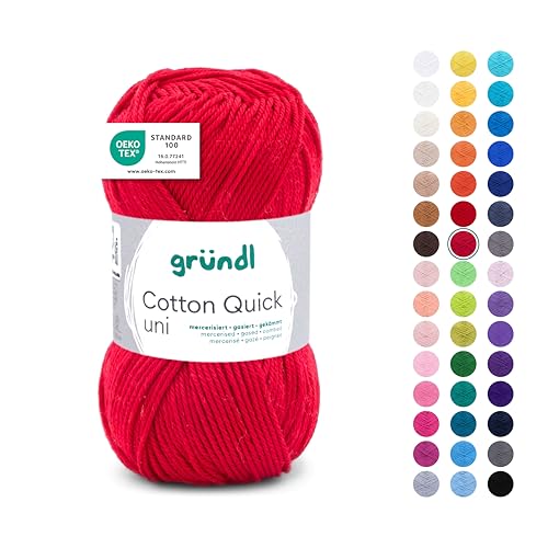 Gründl Cotton Quick Uni Strickgarn / Häkelgarn (farbenfrohes Garn aus 100 % Baumwolle, OEKO-TEX zertifiziert, 50 g / 125 m, Nadelstärke: 3 - 4, 1 x 50 g), Rot von Gründl