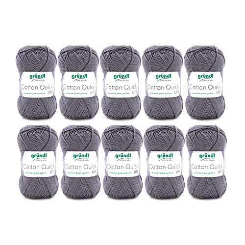 Gründl Wolle Cotton Quick uni - dünne Wolle zum Häkeln - Strickgarn - Häkelgarn - Glänzend und hautfreundlich - 100 % Baumwolle - 10 Knäuel 50 g / 125 m - Nadelstärke 3- 4 - Mausgrau von Gründl