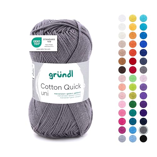 Gründl Cotton Quick Uni Strickgarn/Häkelgarn (farbenfrohes Garn aus 100 % Baumwolle, OEKO-TEX zertifiziert, 50 g / 125 m, Nadelstärke: 3 - 4, 1 x 50 g), Mausgrau von Gründl