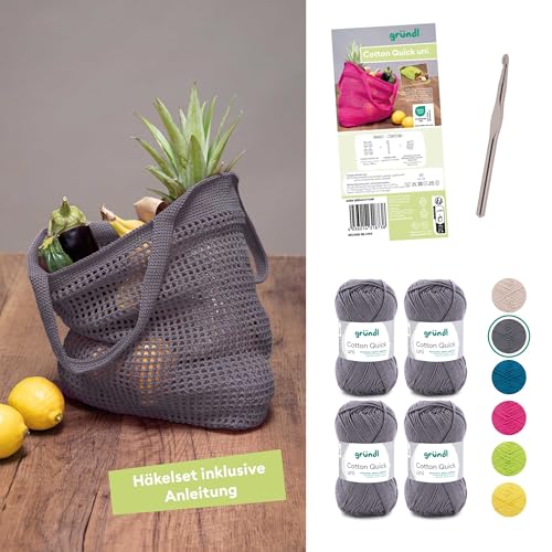 Gründl Wolle Cotton Quick uni - dünne Wolle zum Häkeln - Häkelgarn für ein Einkaufsnetz mit Anleitung und Nadel - Glänzend und hautfreundlich - 100% Baumwolle - 4 Knäuel 50 g / 125 m - Mausgrau von Gründl
