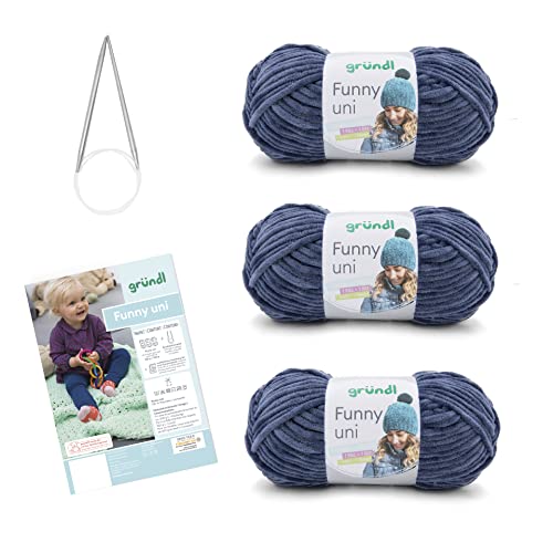 Gründl Strickset Funny uni (samtartiges Chenille-Garn) 3 x 100 g + Nadeln 5 - 6 + Anleitung für eine Baby-Decke, 34 x 19 x 8 cm von Gründl