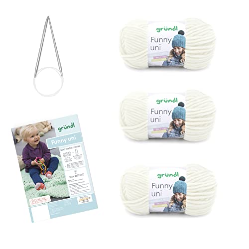 Gründl Strickset Funny uni (samtartiges Chenille-Garn) 3 x 100 g + Nadeln 5 - 6 + Anleitung für eine Baby-Decke, 29 x 19 x 8 cm von Gründl