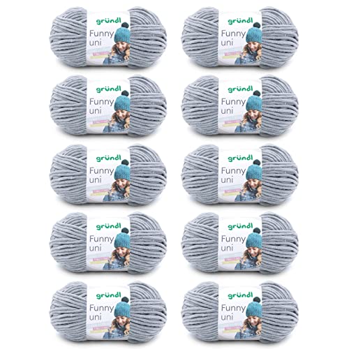Gründl Wolle Funny uni - weiche Chenille Wolle zum Häkeln - Chenillegarn aus 100 % Polyester, 10 Knäuel (100 g/ 120 m, Nadelstärke: 5-6) - Hellgrau von Gründl