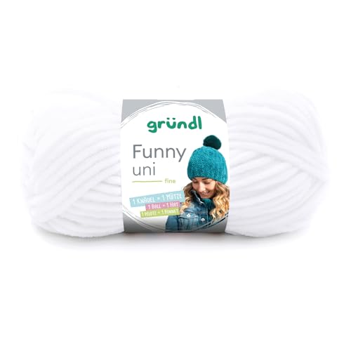 Gründl Wolle Funny uni - weiche Chenille Wolle zum Häkeln - Kuschelig und hautfreundlich - 100% Polyester - 1 Knäuel 100 g / 120 m - Nadelstärke 5-6 - weiß von Gründl