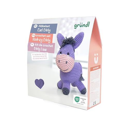 Gründl Häkelset Kuscheltier, Giraffe Gina, Esel Eddy, Robbe Robby oder Tiger Timmy, 14-18 cm, Komplettes Bastelset mit Anleitung (Esel Eddy) von Gründl
