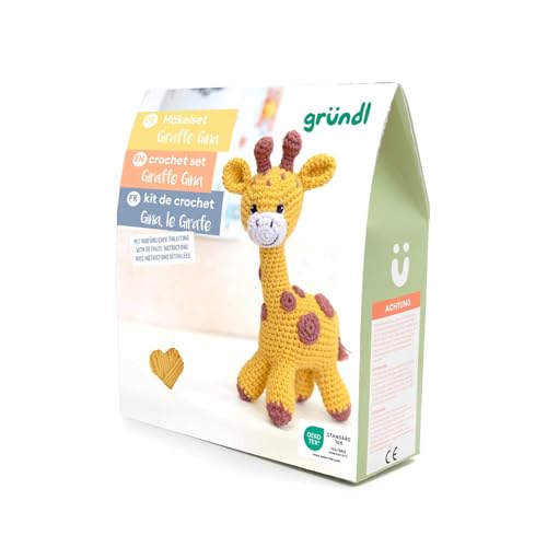 Gründl Häkelset Kuscheltier, Giraffe Gina, Esel Eddy, Robbe Robby oder Tiger Timmy, 14-18 cm, Komplettes Bastelset mit Anleitung (Giraffe Gina) von Gründl