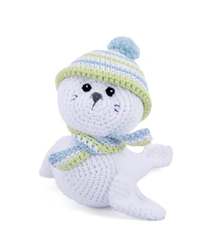 Gründl Häkelset Kuscheltier, Giraffe Gina, Esel Eddy, Robbe Robby oder Tiger Timmy, 14-18 cm, Komplettes Bastelset mit Anleitung (Robbe Robby) von Gründl