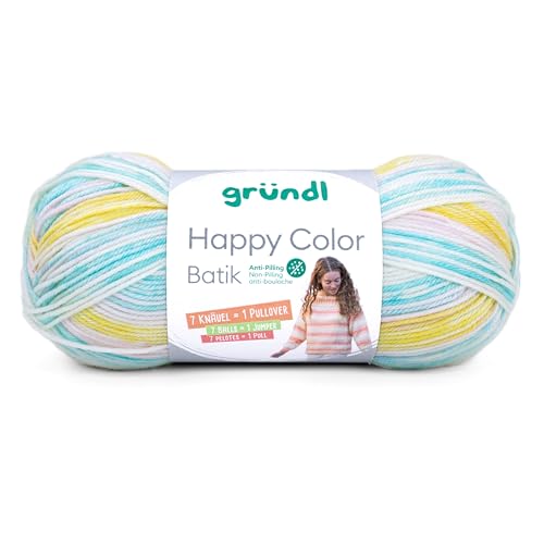 Gründl Happy Color Batik, 100% Polyacryl, Strick- u. Häkelgarn, 100g/250 m LL,empf. NS 4-5 mm, Anti Pilling (01 weiß-narzisse-mint-rosé) von Gründl