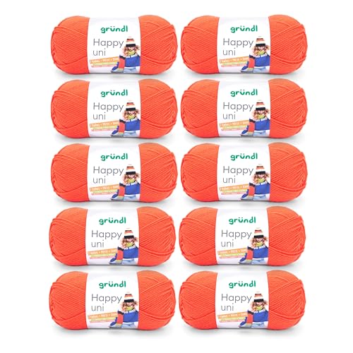 Gründl Happy uni (Strick- und Häkelgarn mit wollartigem Charakter aus 100% Polyacryl, Anti-Pilling, 100 g / 250 m, Nadelstärke: 4-5, 10 x 100 g), Orange von Gründl