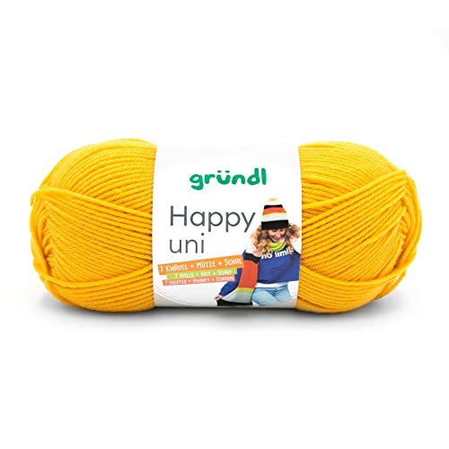 Gründl Happy Uni (Strick- und Häkelgarn mit wollartigem Charakter aus 100% Polyacryl, Anti-Pilling, 100 g / 250 m, Nadelstärke: 4-5, 1 x 100 g), maisgelb von Gründl