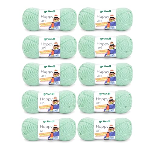 Gründl Wolle Happy uni - Garn zum Stricken - Garn zum Häkeln - Strickgarn - Häkelgarn - Weich und hautfreundlich - 100% Polyacryl 10 Knäuel 100 g / 250 m - Nadelstärke 4 5 -mint von Gründl