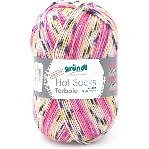 Gründl Hot Socks Torbole (Sockenwolle, 6-Fach Sockengarn, 375 m Nadelstärke: 3-4 mm1 x 150 g, 75% Schurwolle (Superwash), 25% Polyamid, Lavendel-Chili-Pflaume-weiß-salatgrün-gelb von Gründl