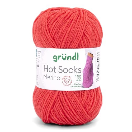 Gründl Hots Socks Merino uni, 4-fädige Sockenwolle, 50 g /200m,75% Schurwolle (Merino, superwash), 25% Polyamid,mulesing frei, Öko-tex Standard, (15 koralle) von Gründl