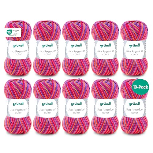 Gründl Wolle Lisa Premium color - Garn zum Stricken mit Farbverlauf - Strickgarn - Häkelgarn - Weich und hautfreundlich - 100 % Polyacryl 10 Knäuel 50 g / 133 m -Nadelstärke 3,5-4,5 - Lila-Pink-Orange von Gründl