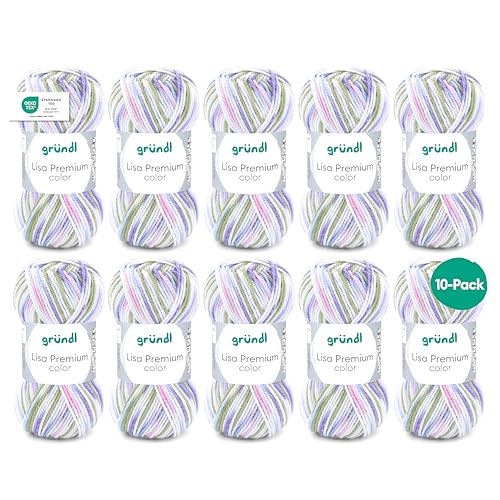 Gründl Wolle Lisa Premium color - Garn zum Stricken mit Farbverlauf - Strickgarn - Häkelgarn - Weich und hautfreundlich - 100 % Polyacryl 10 Knäuel 50 g / 133 m -Nadelstärke 3,5-4,5 - grün-Flieder von Gründl