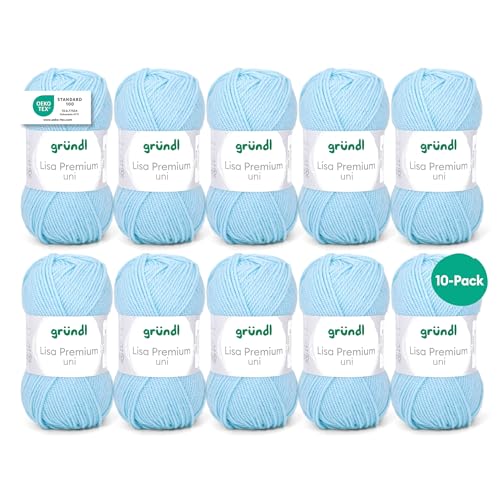 Gründl Wolle Lisa Premium uni - 10 x 50 g - Wolle zum Häkeln - Wolle zum Stricken - 100 % Polyacryl- Weich & Pflegeleicht- Nadelstärke 3,5-4,5 - Hellblau von Gründl