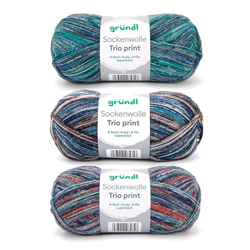 Gründl Sockenwolle Trio Strickset aus 3 x 100 g Sockengarn (75% Schurwolle (superwash), 25% Polyamid) + Anleitung, blau kupfer von Gründl