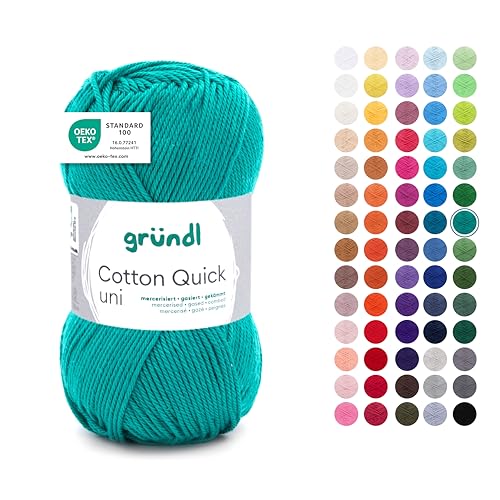 Gründl Wolle Cotton Quick uni - dünne Wolle zum Häkeln - Strickgarn - Häkelgarn - Glänzend und hautfreundlich - 100 % Baumwolle - 1 Knäuel 50 g / 125 m - Nadelstärke 3 - 4 - Smaragdgrün von Gründl