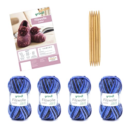 Gründl Strickset Filzwolle Color (Wolle zum Filzen & Stricken, waschbares Universalgarn aus 100 % Schurwolle, 50 g / 50 m, Nadelstärke: 8 - 9, 4 Knäuel á 50g), Blau-anthrazit Multicolor von Gründl