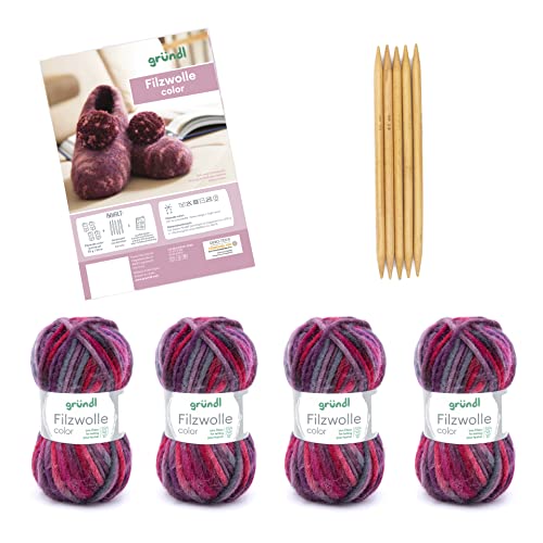 Gründl Strickset Filzwolle color, (OEKO-TEX zertifiziert, 100 % Schurwolle, 4 x 50 g +Nadel 8 - 9+ Anleitung für Hausschuhe), 25 x 16 x 7 cm, Lila-bordeaux-anthrazit von Gründl