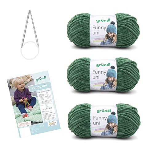 Gründl Strickset Funny uni (samtartiges Chenille-Garn) 3 x 100 g + Nadeln 5 - 6 + Anleitung für eine Baby-Decke, 34 x 19 x 8 cm, Dunkelgrün von Gründl