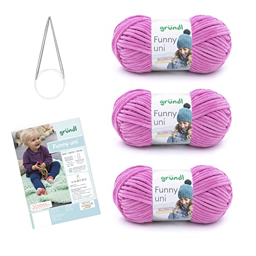 Gründl Strickset Funny uni (samtartiges Chenille-Garn) 3 x 100 g + Nadeln 5 - 6 + Anleitung für eine Baby-Decke 3442-SB-A10 34 x 19 x 8 cm, Fuchsia von Gründl