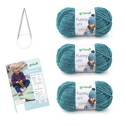 Gründl Strickset Funny uni (samtartiges Chenille-Garn) 3 x 100 g + Nadeln 5 - 6 + Anleitung für eine Baby-Decke, 34 x 19 x 8 cm von Gründl