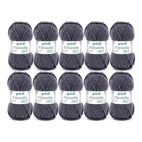Gründl Wolle Filzwolle uni - Dicke Wolle zum Filzen in der Waschmaschine - Strickgarn zum Filzen - Weich und hautfreundlich - 100 % Schurwolle - 10 Knäuel 50 g /50 m -Nadelstärke 8 -9 - Anthrazit von Gründl