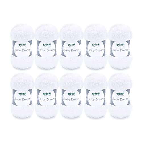 Gründl Wolle Baby Dream - weiche Wolle zum Häkeln und Stricken - Babywolle - Babygarn - Weich und hautfreundlich - 100% Polyester - 10 Knäuel 50 g / 136 m - Nadelstärke 5-6 - weiß von Gründl