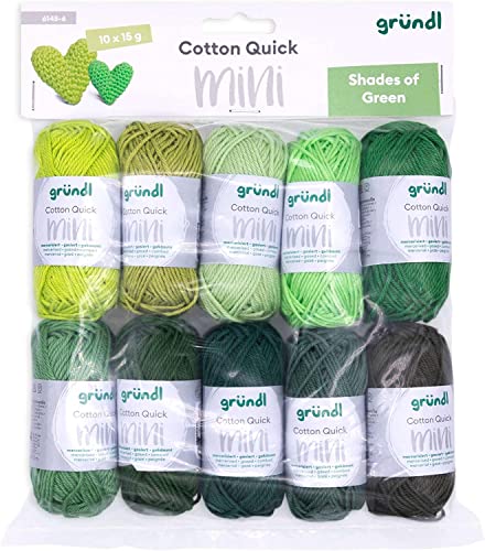 Gründl Wolle Cotton Quick Mini Shades of Green Set zum Stricken und Häkeln 10 x 15 g, 100% Baumwolle, 15 g / 37 m, Grün von Gründl