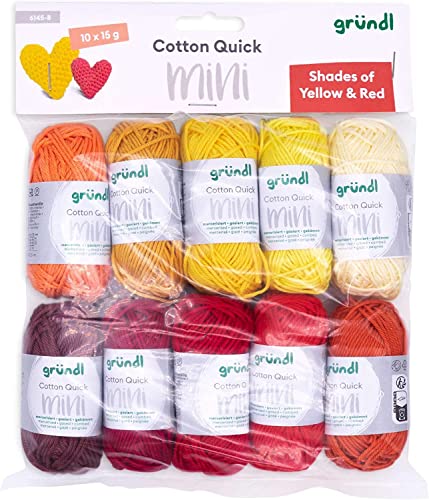 Gründl Wolle Cotton Quick Mini Shades - dünne Wolle zum Häkeln von kleinen Figuren - Glänzend und hautfreundlich - 100% Baumwolle - 10 Miniknäuel 15 g / 37 m - Nadelstärke 3-4 - gelb und rot von Gründl