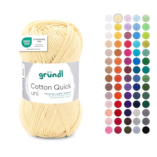 Gründl Wolle Cotton Quick uni - dünne Wolle zum Häkeln - Strickgarn - Häkelgarn - Glänzend und hautfreundlich - 100% Baumwolle - 1 Knäuel 50 g / 125 m - Nadelstärke 3-4 - pastellgelb von Gründl
