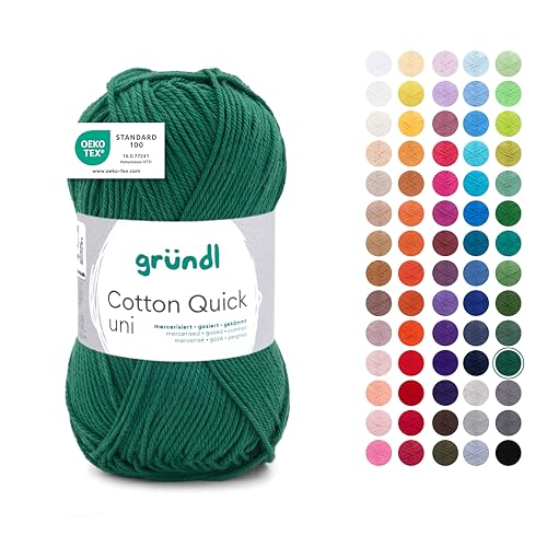 Gründl Wolle Cotton Quick uni - dünne Wolle zum Häkeln - Strickgarn - Häkelgarn - Glänzend und hautfreundlich - 100% Baumwolle - 1 Knäuel 50 g / 125 m - Nadelstärke 3-4 - tannengrün von Gründl