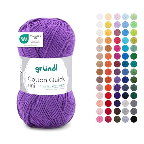 Gründl Wolle Cotton Quick uni - dünne Wolle zum Häkeln - Strickgarn - Häkelgarn - Glänzend und hautfreundlich - 100% Baumwolle - 1 Knäuel 50 g / 125 m - Nadelstärke 3-4 - Violett von Gründl