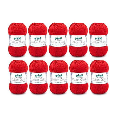 Gründl Wolle Cotton Quick uni - dünne Wolle zum Häkeln - Strickgarn - Häkelgarn - Glänzend und hautfreundlich - 100 % Baumwolle - 10 Knäuel 50 g / 125 m - Nadelstärke 3- 4 - Kirsche von Gründl