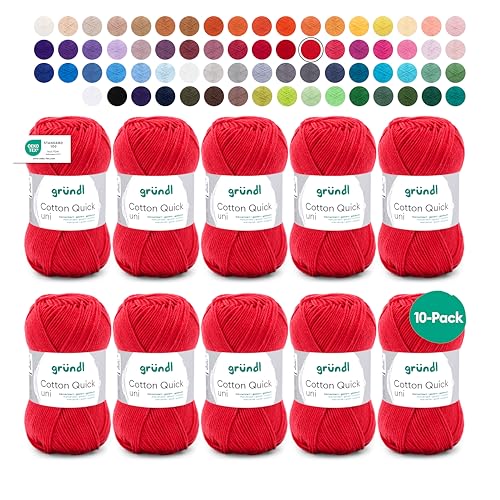 Gründl Wolle Cotton Quick uni - dünne Wolle zum Häkeln - Strickgarn - Häkelgarn - Glänzend und hautfreundlich - 100% Baumwolle - 10 Knäuel 50 g / 125 m - Nadelstärke 3-4 - feuerrot von Gründl