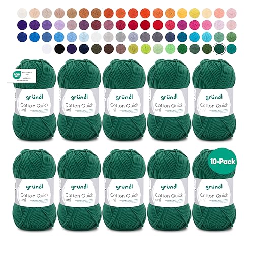 Gründl Wolle Cotton Quick uni - dünne Wolle zum Häkeln - Strickgarn - Häkelgarn - Glänzend und hautfreundlich - 100% Baumwolle - 10 Knäuel 50 g / 125 m - Nadelstärke 3-4 - tannengrün von Gründl
