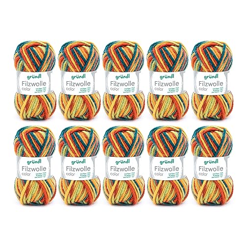 Gründl Wolle Filzwolle color - Dicke Wolle zum Filzen in der Waschmaschine - Strickgarn zum Filzen - Weich und hautfreundlich - 100 % Schurwolle - 10 Knäuel 50 g /50 m -Nadelstärke 8-9 - blaugrün-rot von Gründl