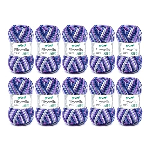 Gründl Wolle Filzwolle color - Dicke Wolle zum Filzen in der Waschmaschine - Strickgarn zum Filzen - Weich und hautfreundlich - 100 % Schurwolle - 10 Knäuel 50 g /50 m -Nadelstärke 8-9 - grau-lila von Gründl