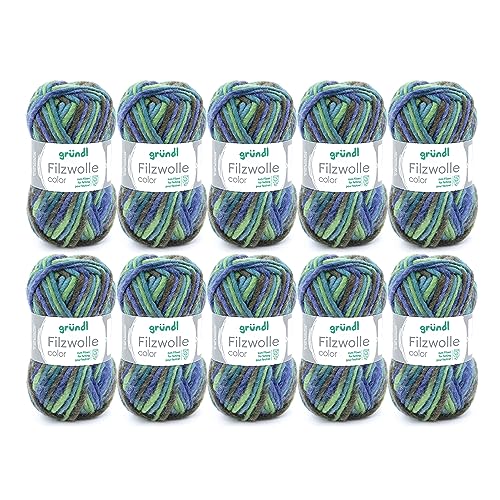Gründl Wolle Filzwolle color - Dicke Wolle zum Filzen in der Waschmaschine - Strickgarn zum Filzen - Weich und hautfreundlich - 100 % Schurwolle - 10 Knäuel 50 g /50 m -Nadelstärke 8-9 - grün-blau von Gründl