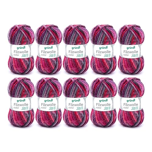 Gründl Wolle Filzwolle color - Dicke Wolle zum Filzen in der Waschmaschine - Strickgarn zum Filzen - Weich und hautfreundlich - 100 % Schurwolle - 10 Knäuel 50 g /50 m -Nadelstärke 8-9 - lila-bordeaux von Gründl