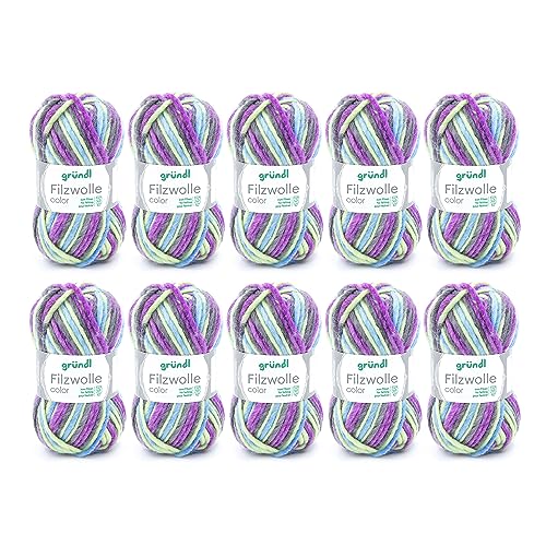Gründl Wolle Filzwolle color - Dicke Wolle zum Filzen in der Waschmaschine - Strickgarn zum Filzen - Weich und hautfreundlich - 100 % Schurwolle - 10 Knäuel 50 g /50 m -Nadelstärke 8-9 - lila-grün von Gründl