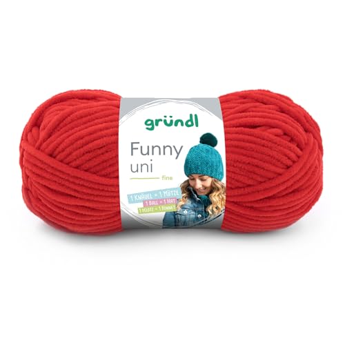 Gründl Wolle Funny Uni - weiche Chenille Wolle zum Häkeln - Kuschelig und hautfreundlich - 100% Polyester - 1 Knäuel 100 g / 120 m - Nadelstärke 5-6 - kirschrot von Gründl